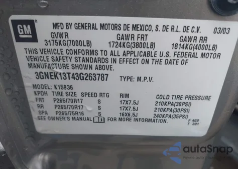 2003 Chevrolet Avalanche 1500 z USA, uszkodzony, nr VIN 3GNEK13T43G263787